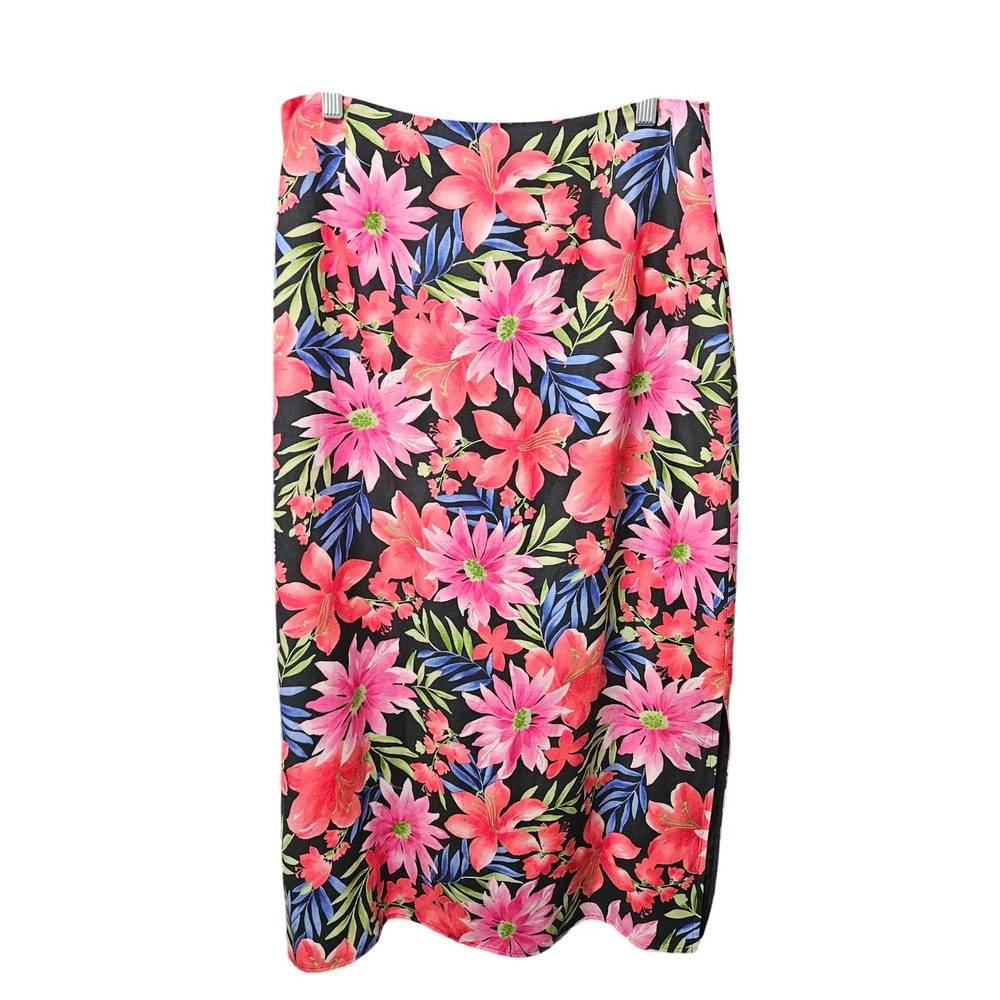 Emma James Black Floral‎ Print Midi Skirt Women's Size 12 Silk Linen Blend